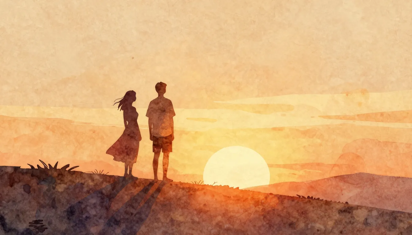 Watercolor style. Abstract silhouette of two figures standin...