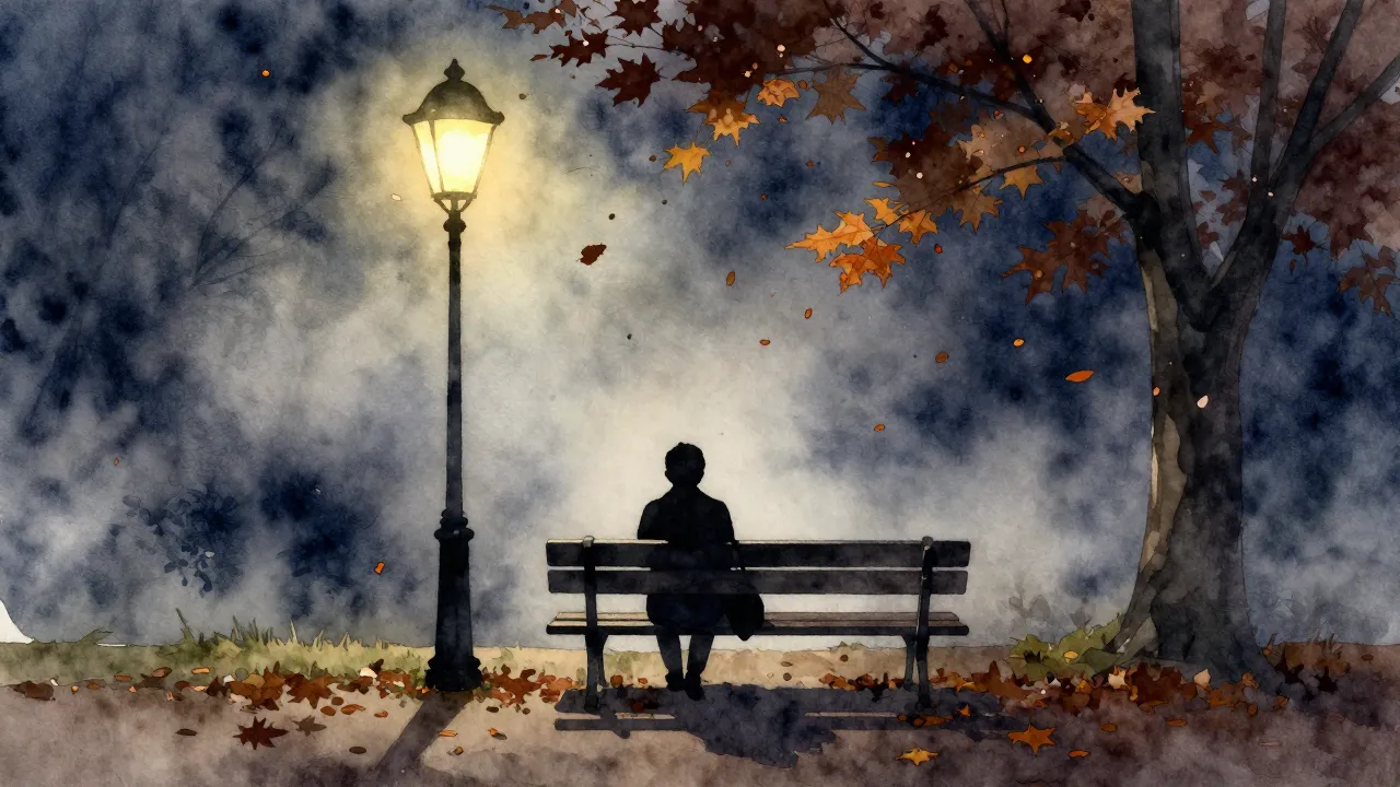 Watercolor style. A lonely silhouette sitting on a bench und...