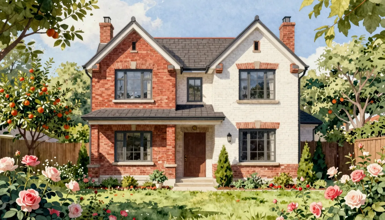 Watercolor style. A cozy two-story red brick house with a wh...