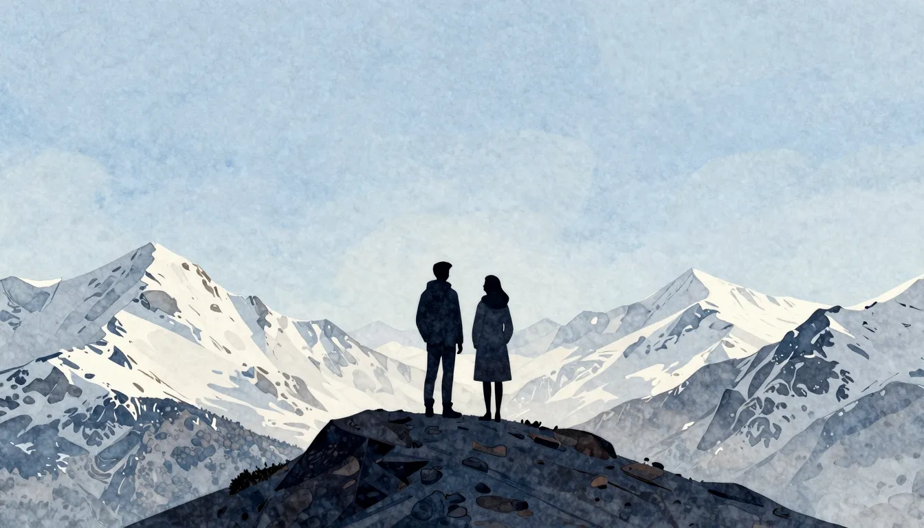 Watercolor style. Two dark silhouettes of a couple standing ...