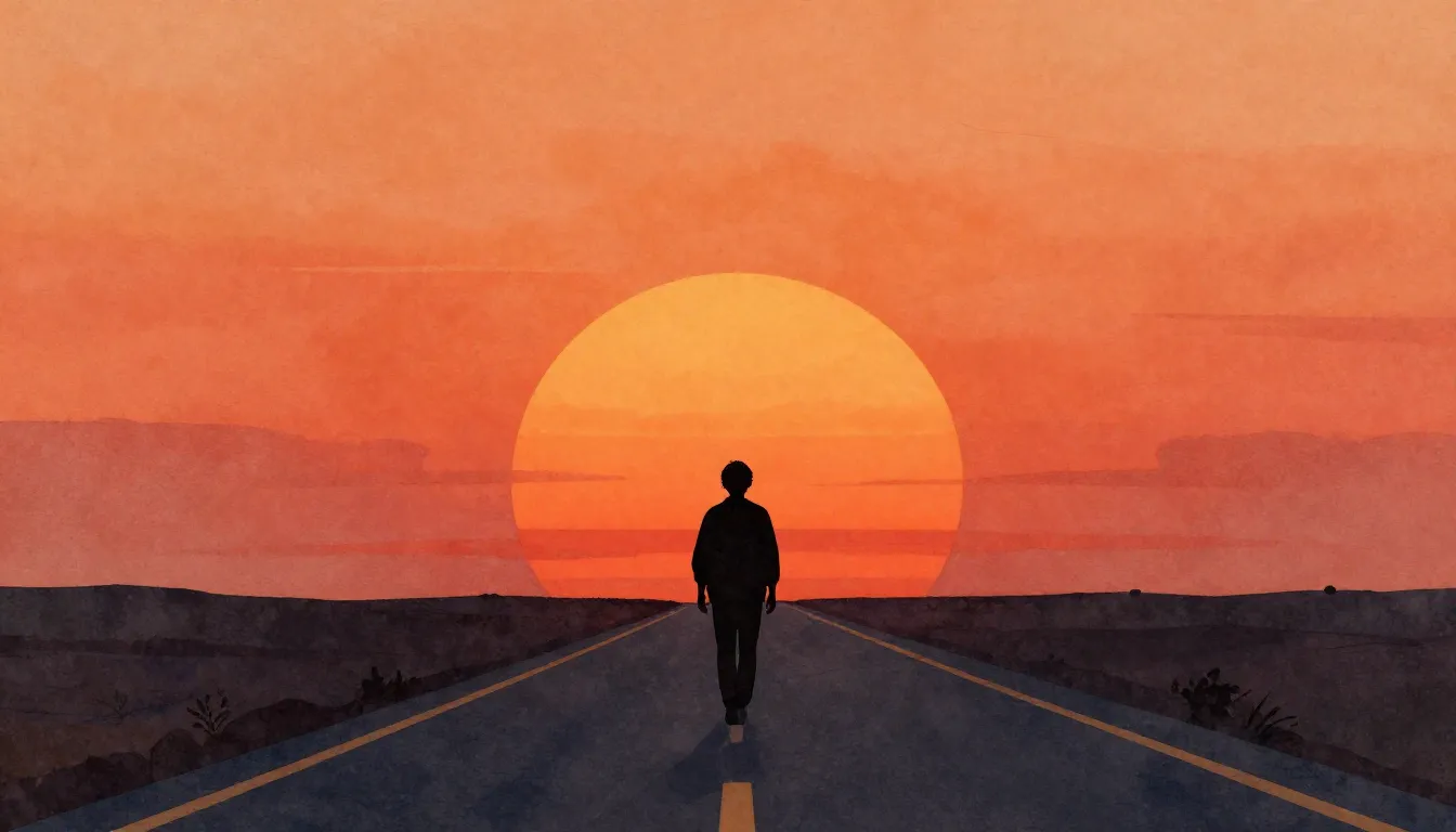 Watercolor style. A dark silhouette of a person walking away...