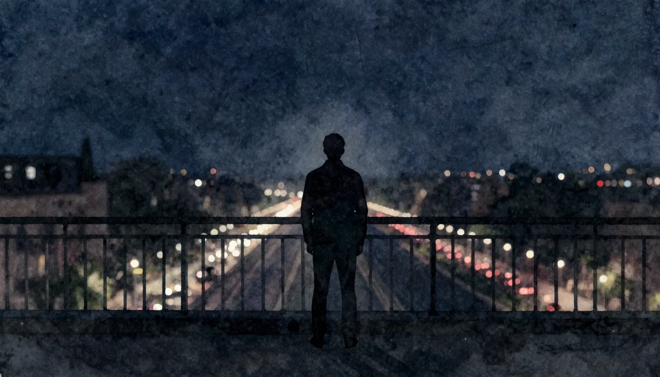 Watercolor style. A lonely silhouette of a man standing on a...