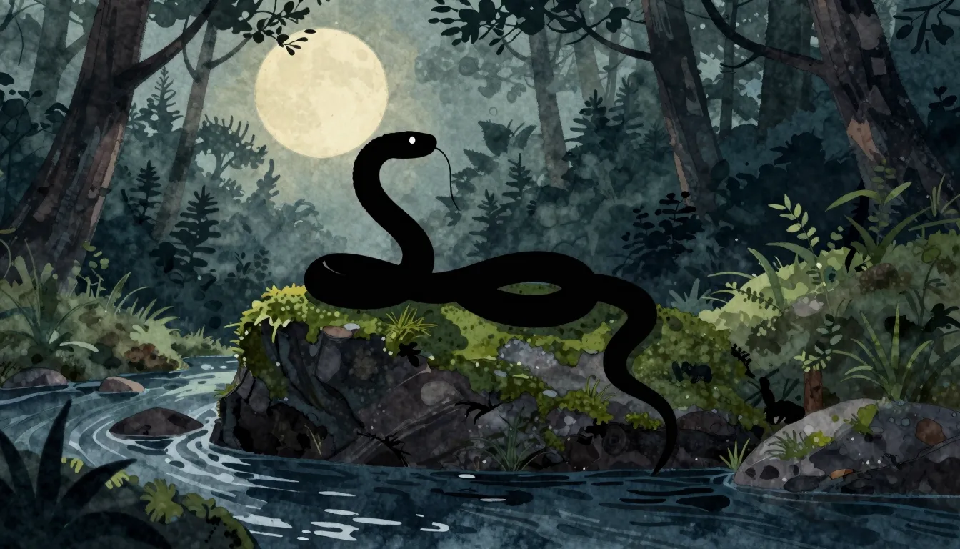 Watercolor style. Silhouette of a snake on a mossy rock near...
