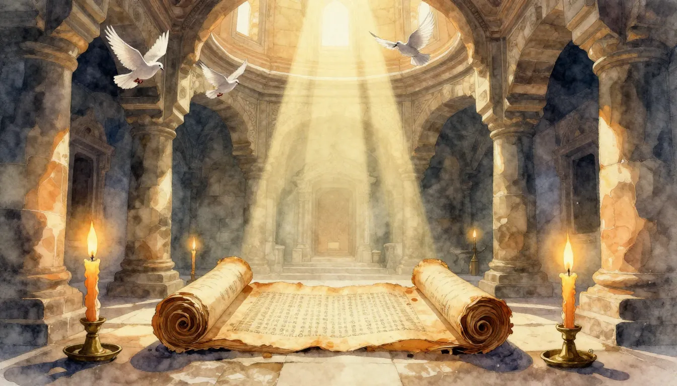 Watercolor style. Old stone temple interior, sunbeams fallin...