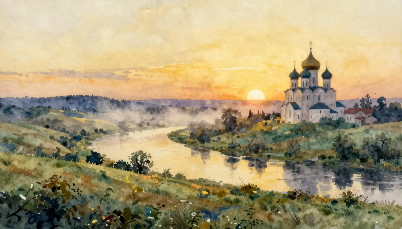 Watercolor style. A vast, serene landscape with rolling hill...