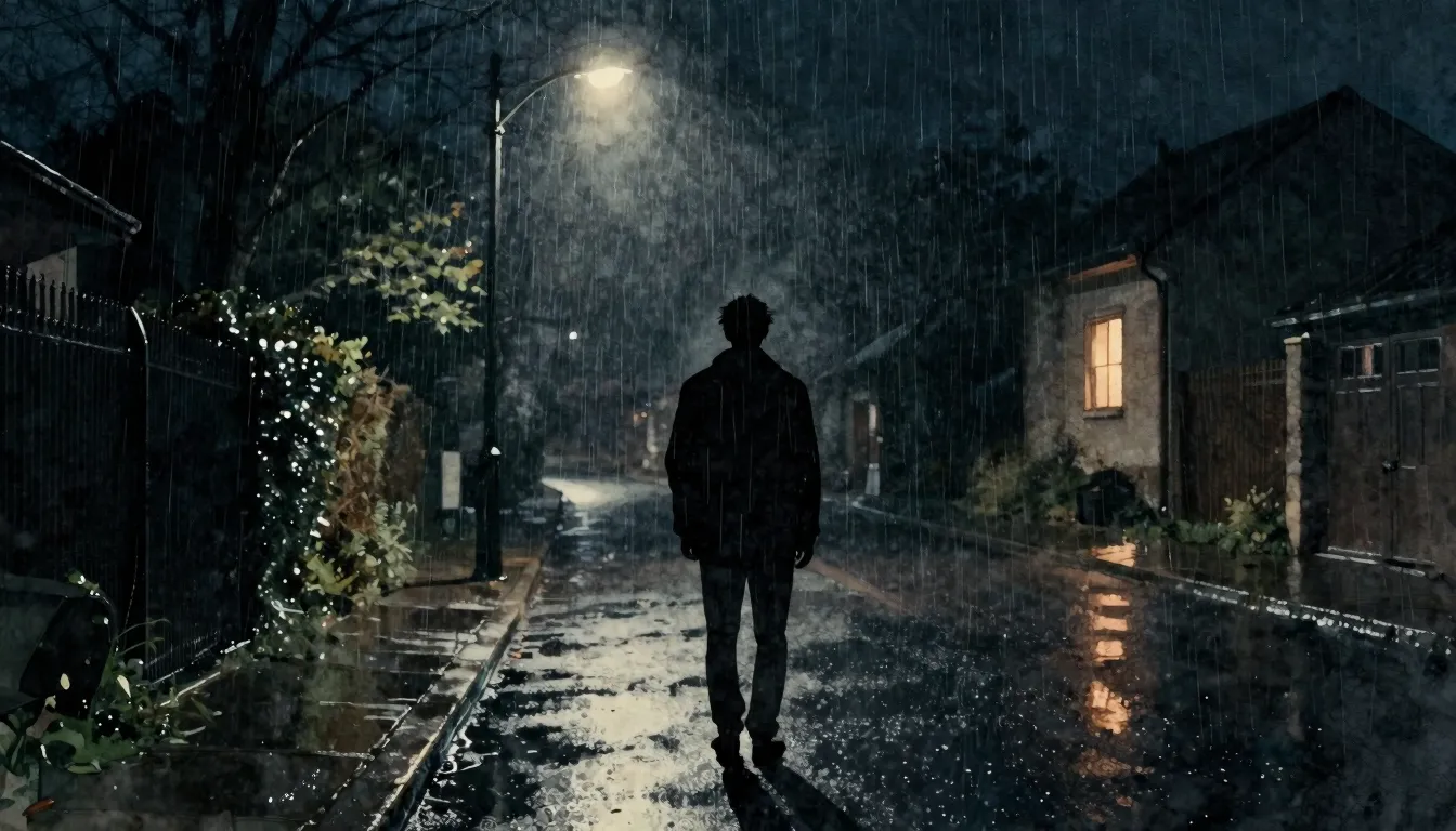Watercolor style. A lonely silhouette of a man stands on a d...