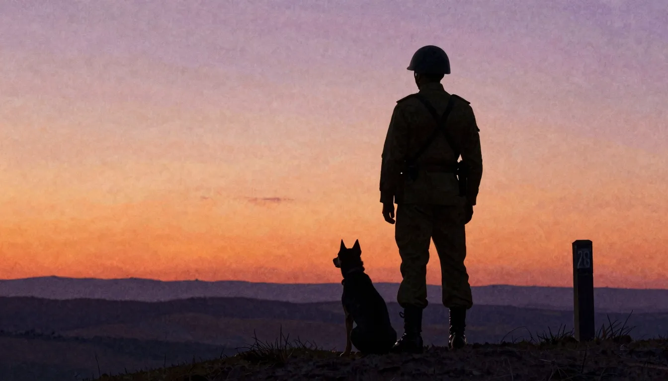 Watercolor style. A silhouette of a guard with a dog standin...