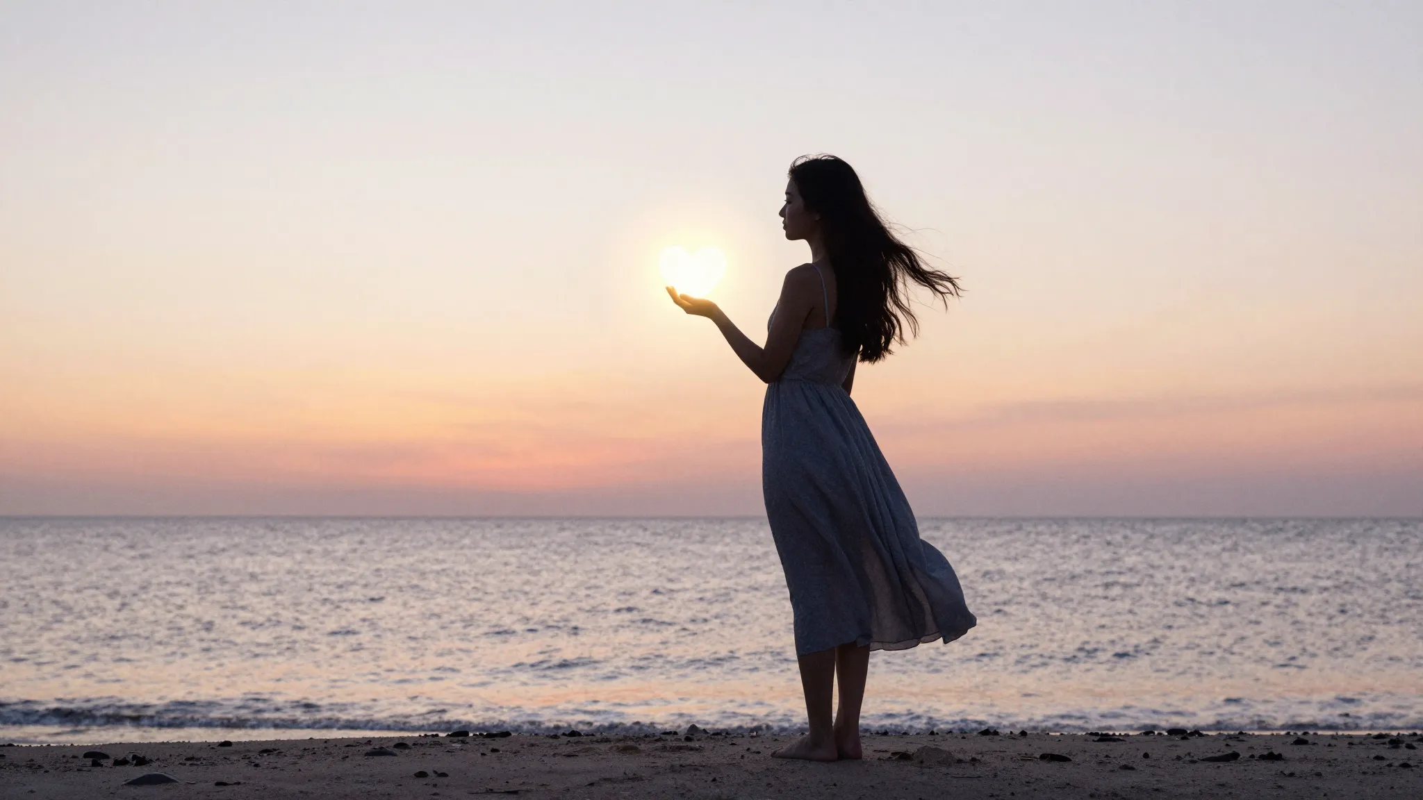 Watercolor style. A silhouette of a woman holding a glowing ...