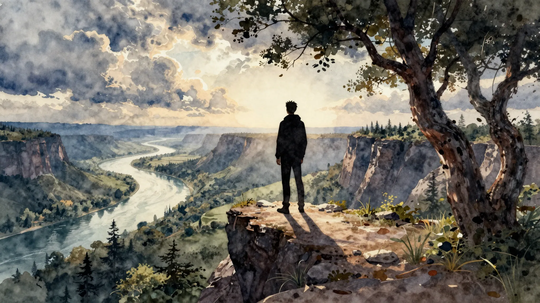 Watercolor style. A lone silhouette standing on a high cliff...