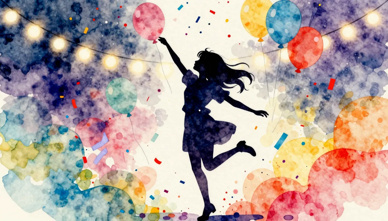 Watercolor style. A silhouette of a girl joyfully dancing un...