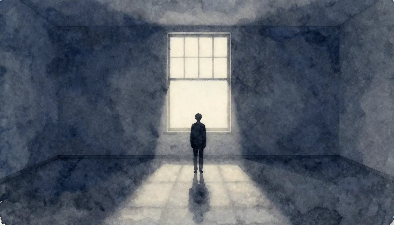Watercolor style. A lonely silhouette stands in the middle o...