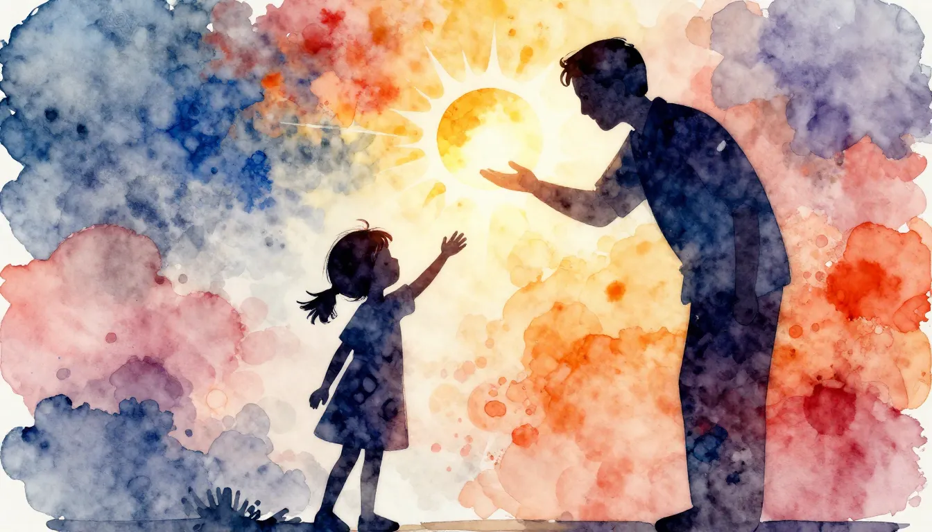 Watercolor style. Abstract silhouette of a child and a mento...