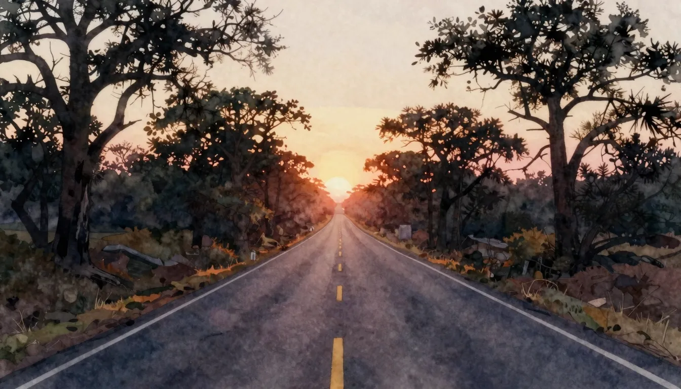 Watercolor style. A long, winding, empty road stretching tow...