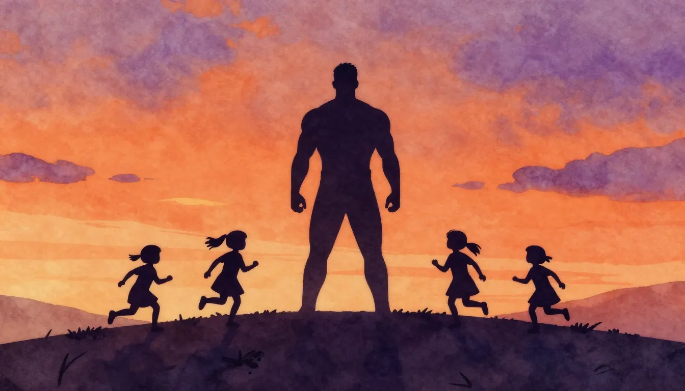 Watercolor style. A silhouette of a strong man standing on a...