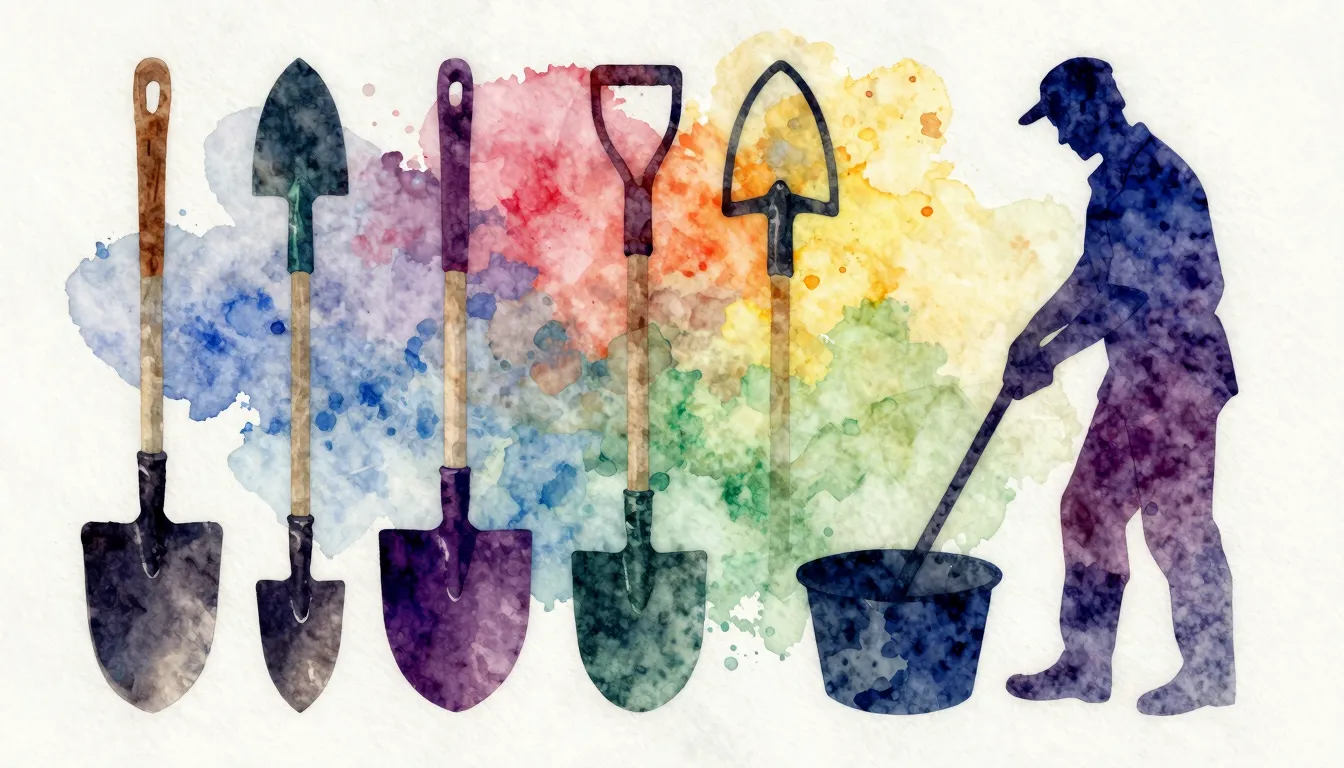 Vibrant watercolor style. Garden tools, Italy, silhouette of...