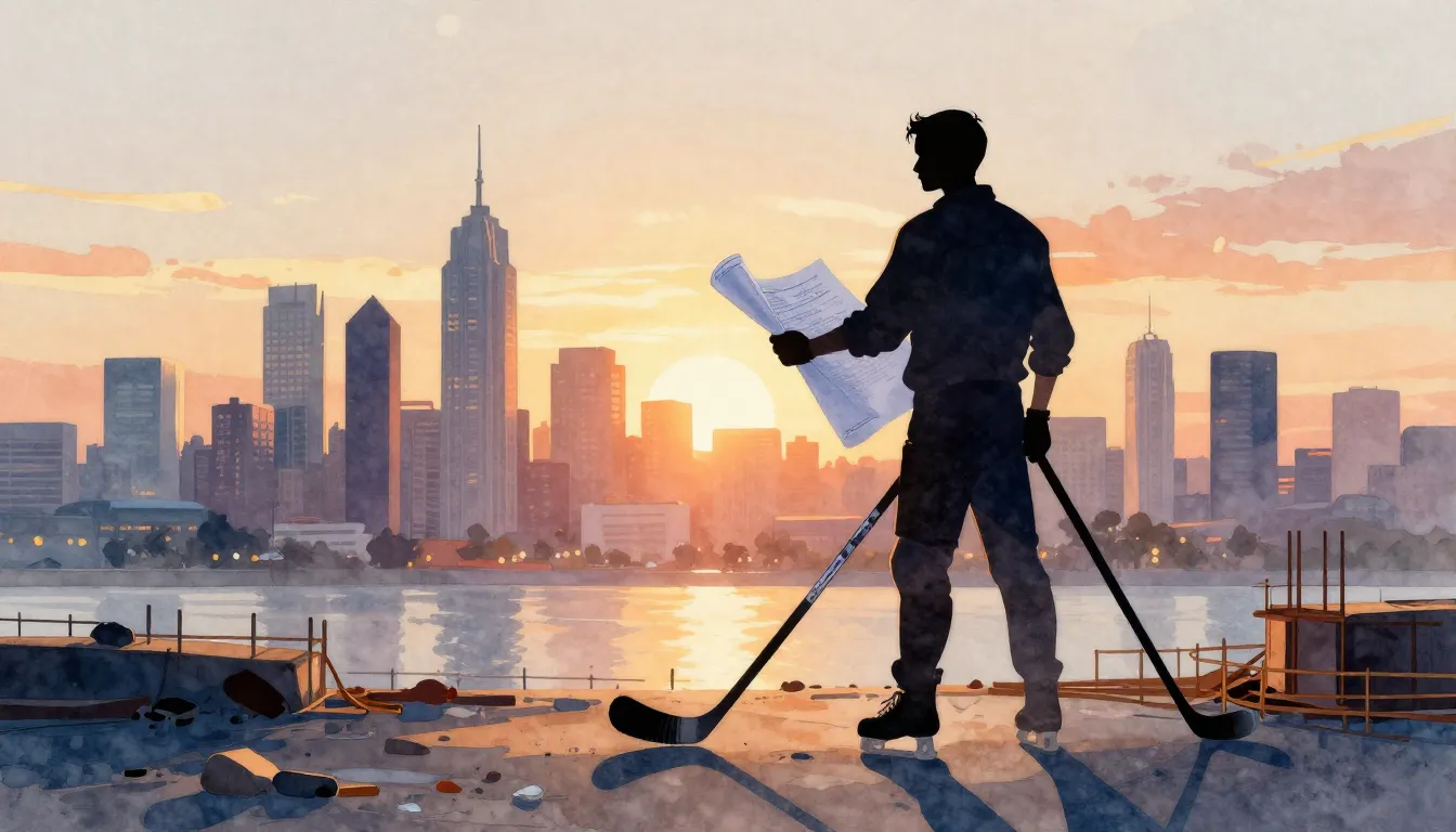 Watercolor style. A silhouette of a man standing on a constr...