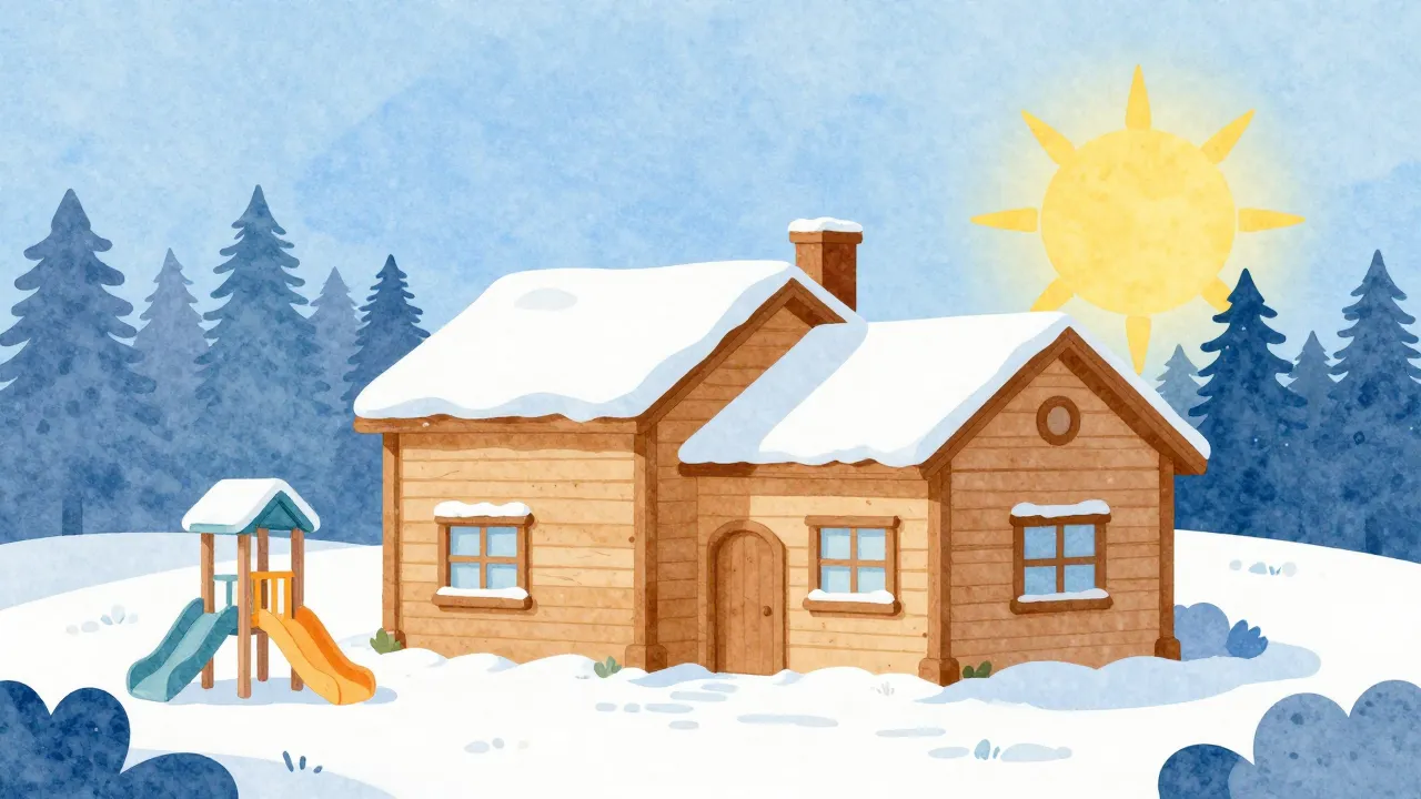 Watercolor style. A cozy wooden building resembling a kinder...