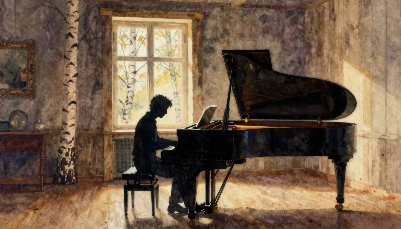 Watercolor style. A silhouette of a lonely pianist at a gran...