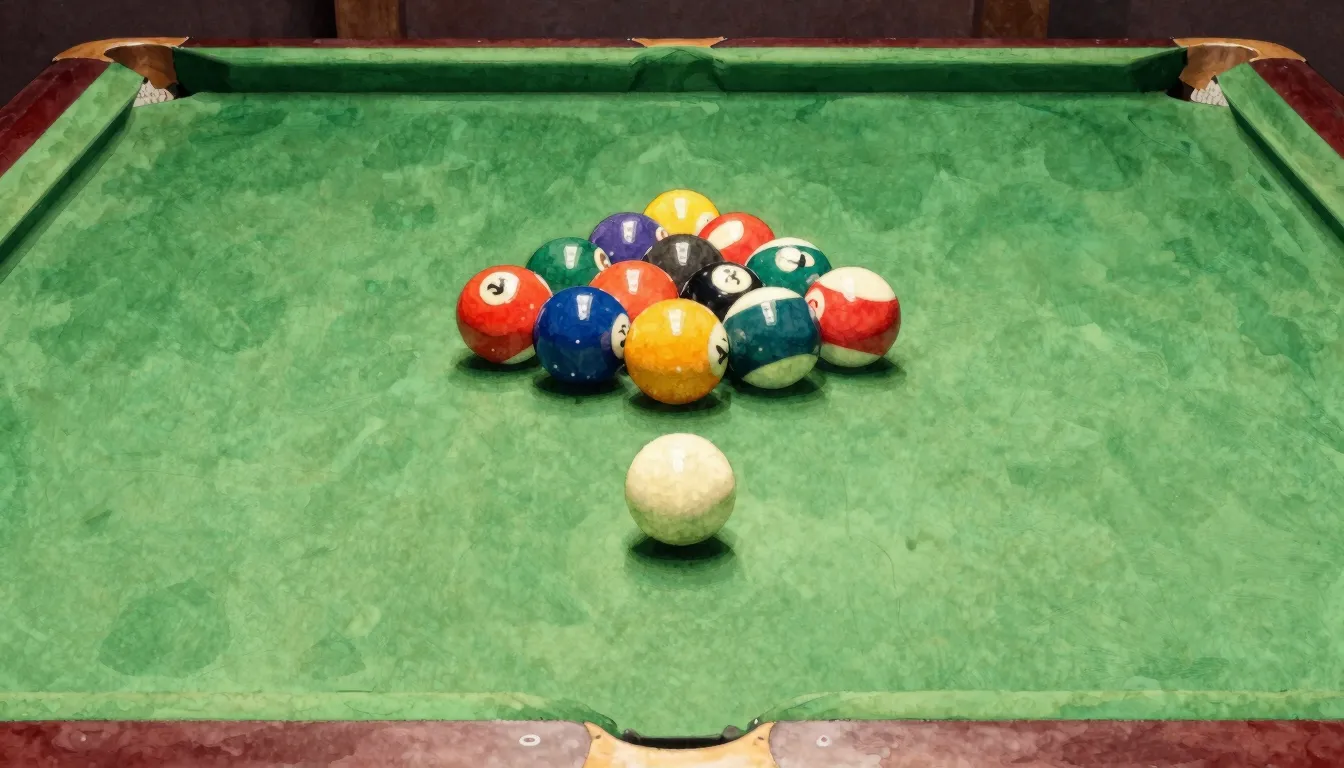 Vibrant watercolor style. Billiard table, green felt, cue st...
