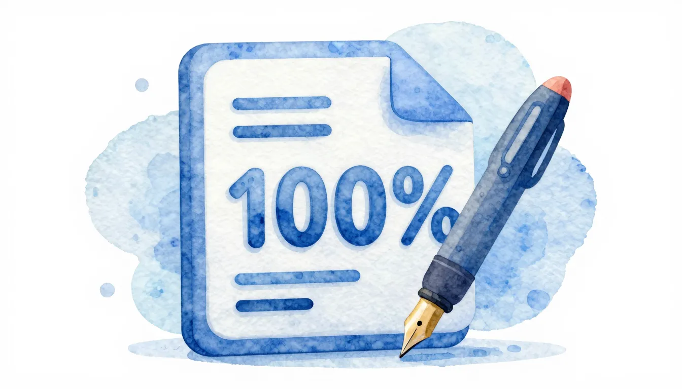 Watercolor style. A digital document icon with a large 100 p...