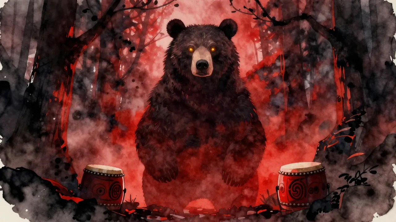 Vibrant watercolor style. A massive, ancient bear silhouette...