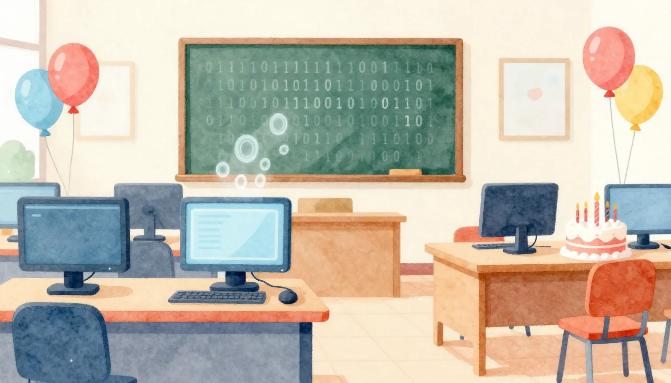 Watercolor style. A bright classroom with computers, binary ...