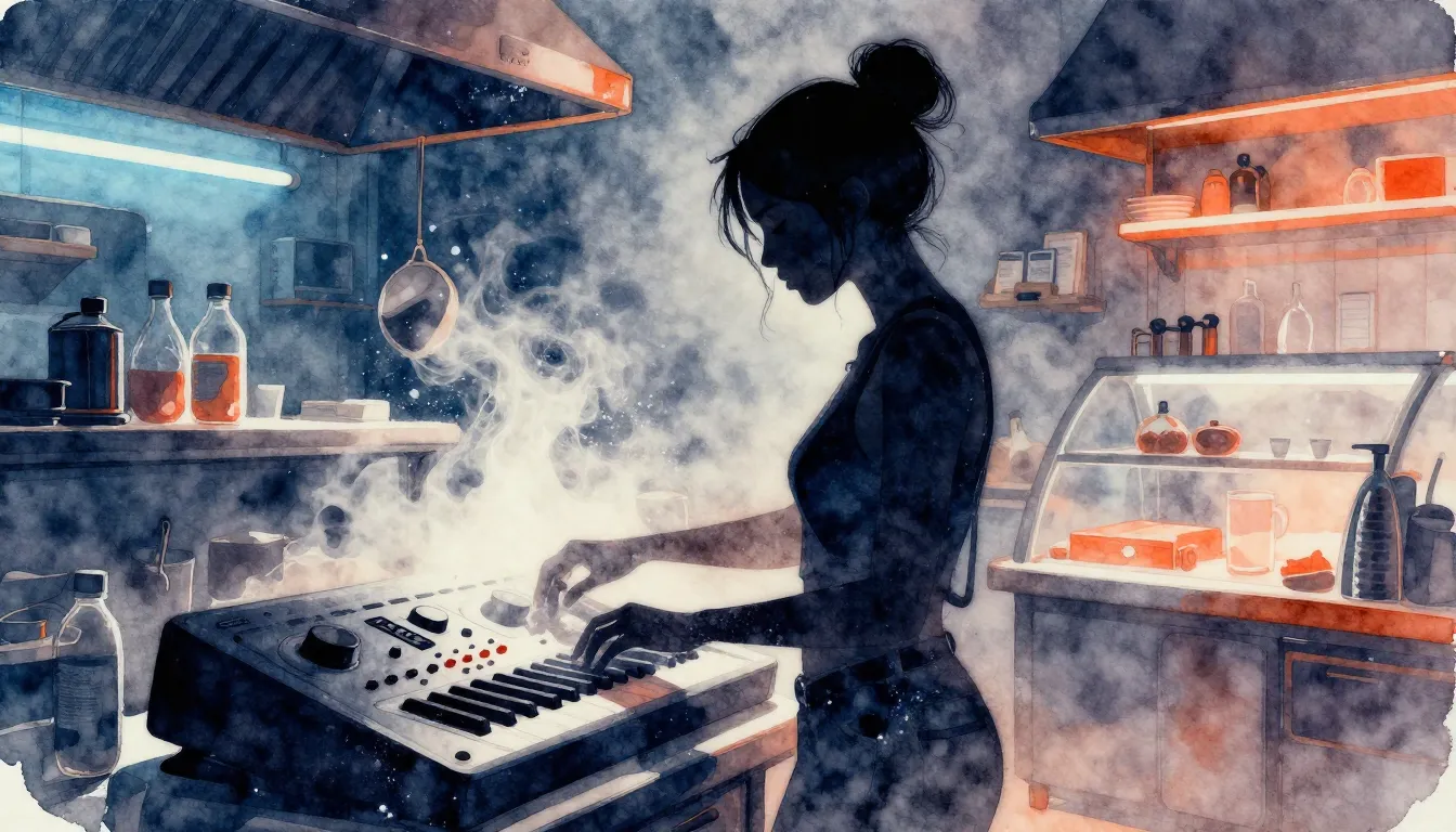 Watercolor style. A dark silhouette of a woman in a bakery k...