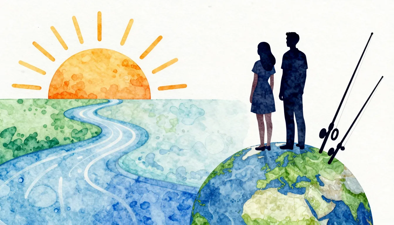 Watercolor style. A silhouette of a couple standing on a glo...