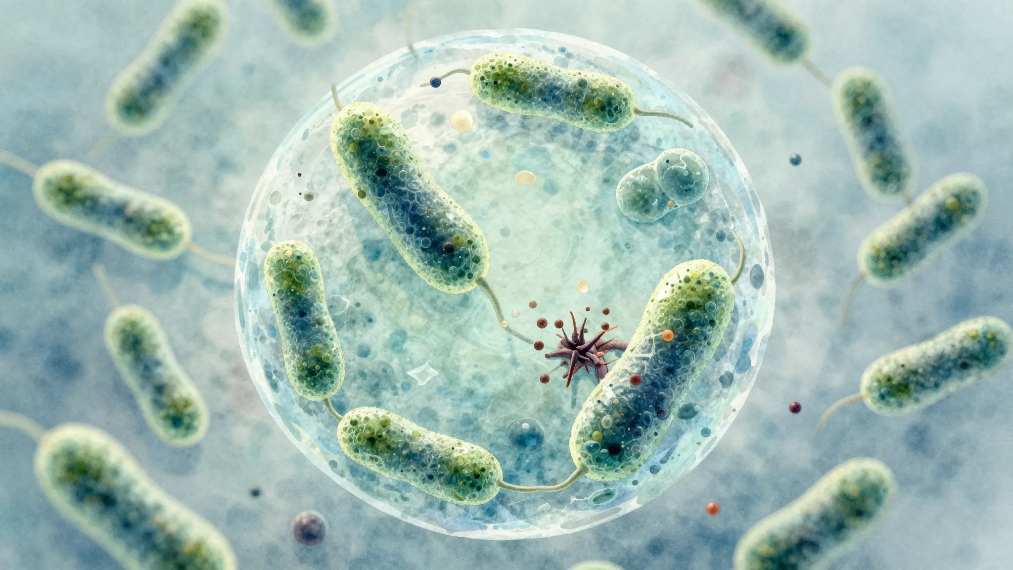 Watercolor style. Microscopic view of beneficial bacteria de...