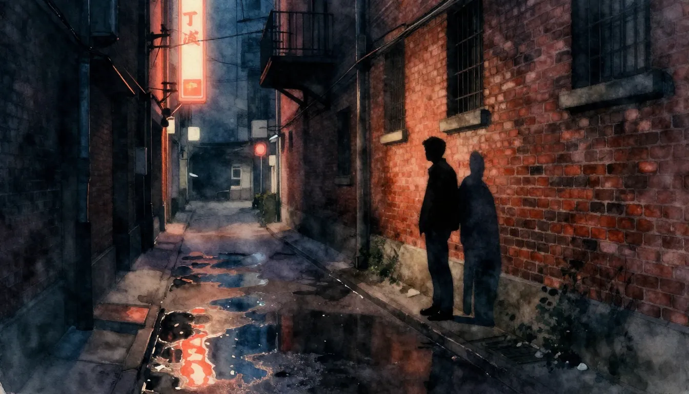 Watercolor style. Dark urban alleyway at night, neon lights ...