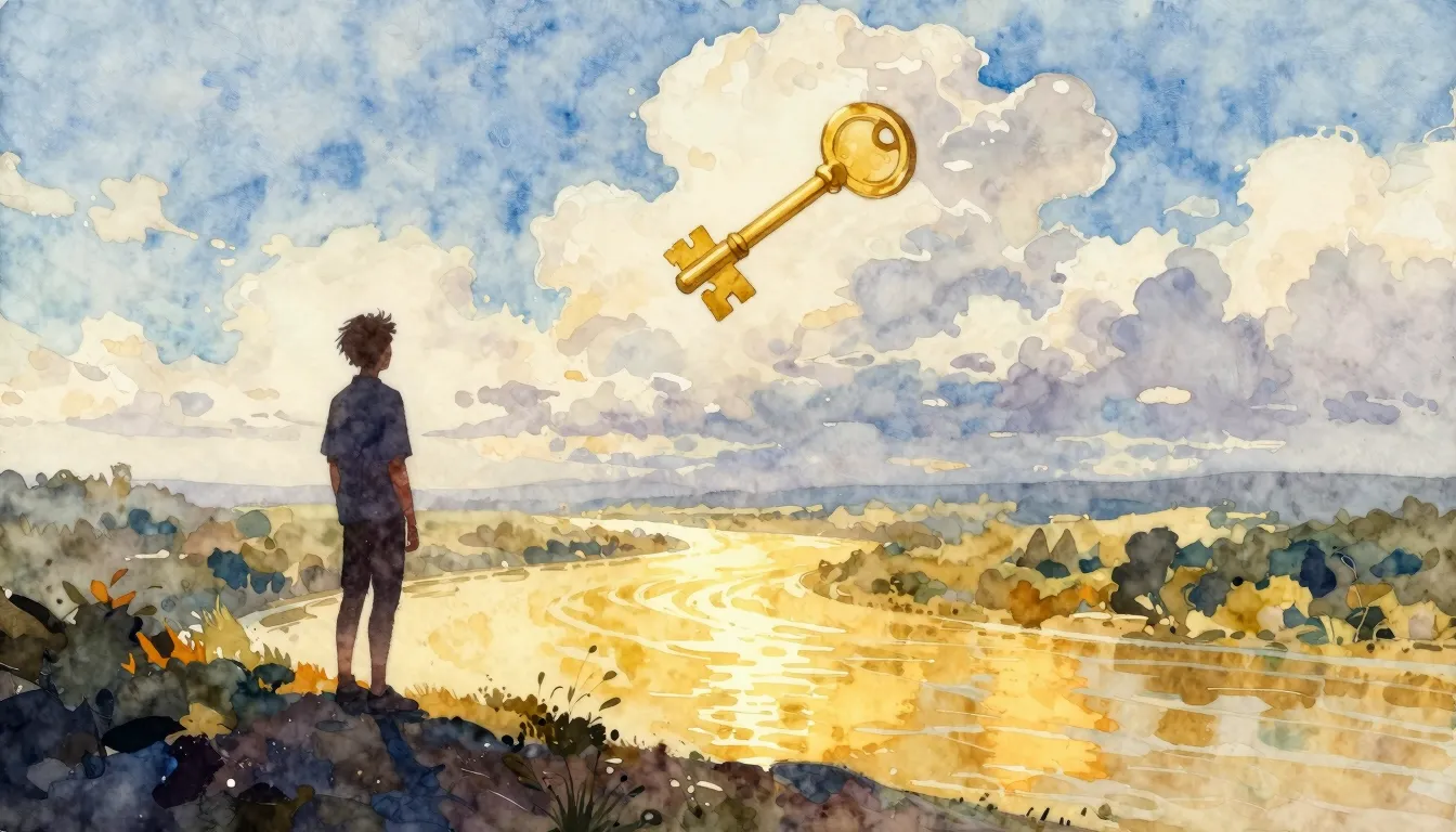 Watercolor style. A silhouette of a person standing on a hil...