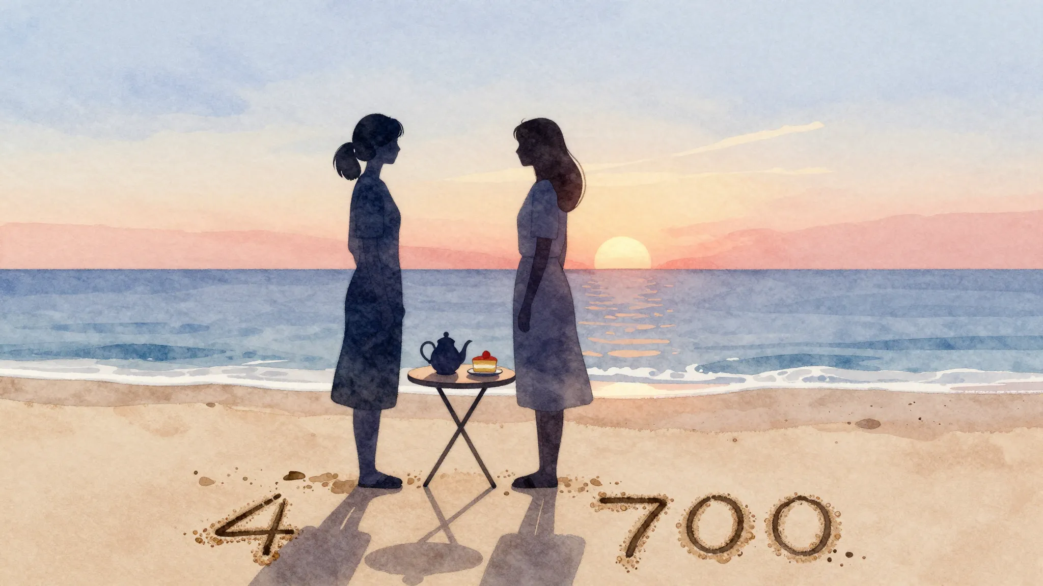 Watercolor style. Two female silhouettes standing on a sea s...