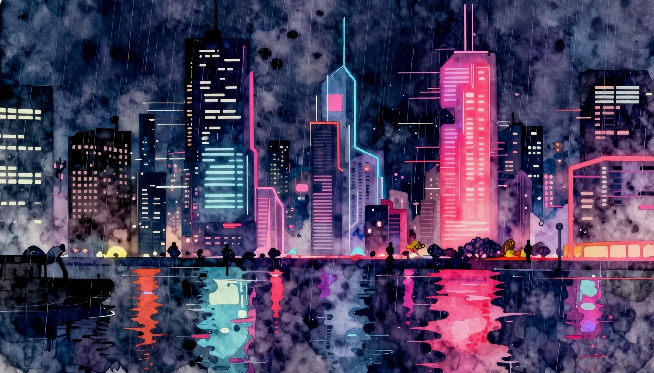 Vibrant watercolor style. Cyberpunk album cover, neon city a...