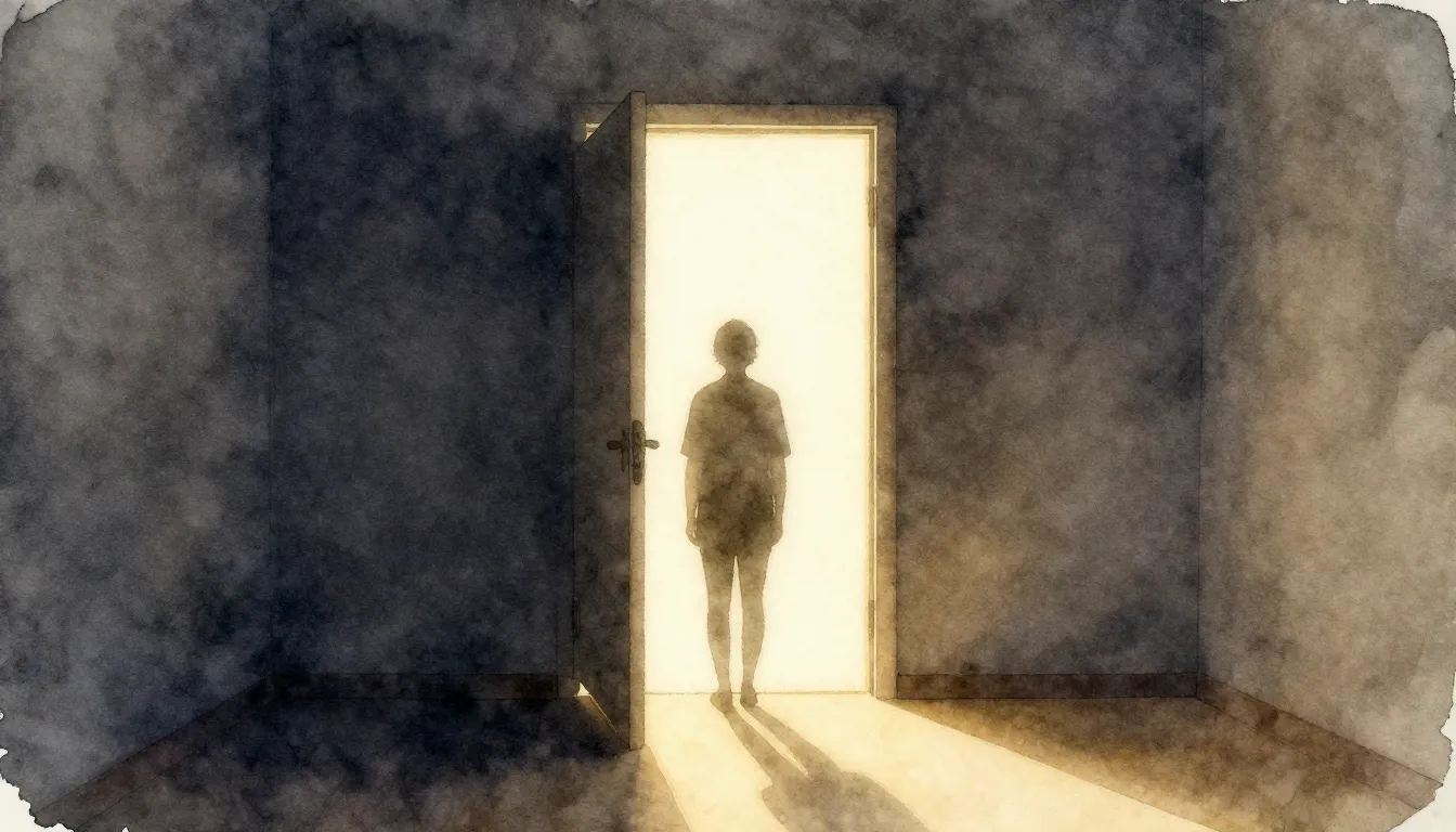 Watercolor style. A silhouette of a person standing in a doo...