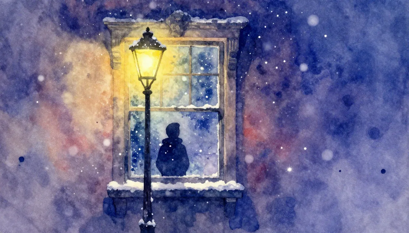 Vibrant watercolor style. A lonely winter night, a window wi...