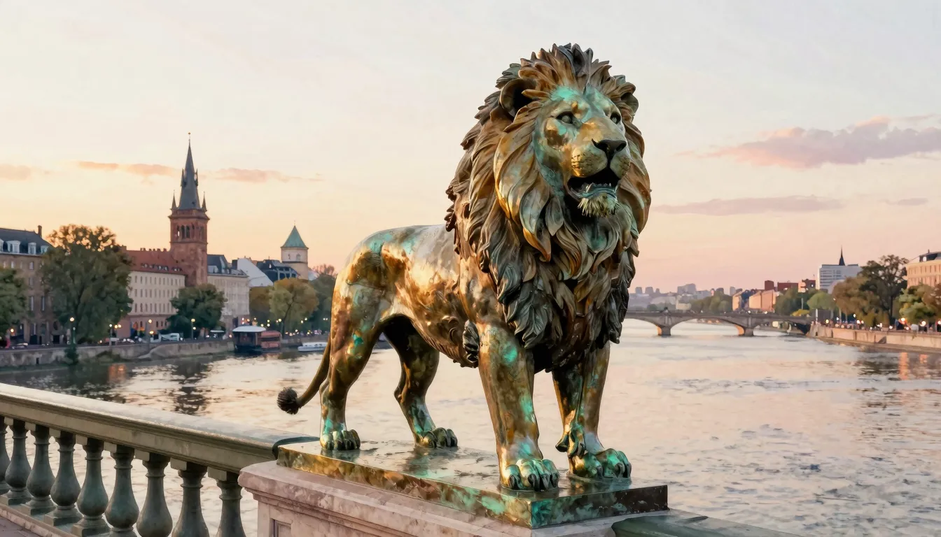 Watercolor style. A majestic lion statue made of bronze stan...