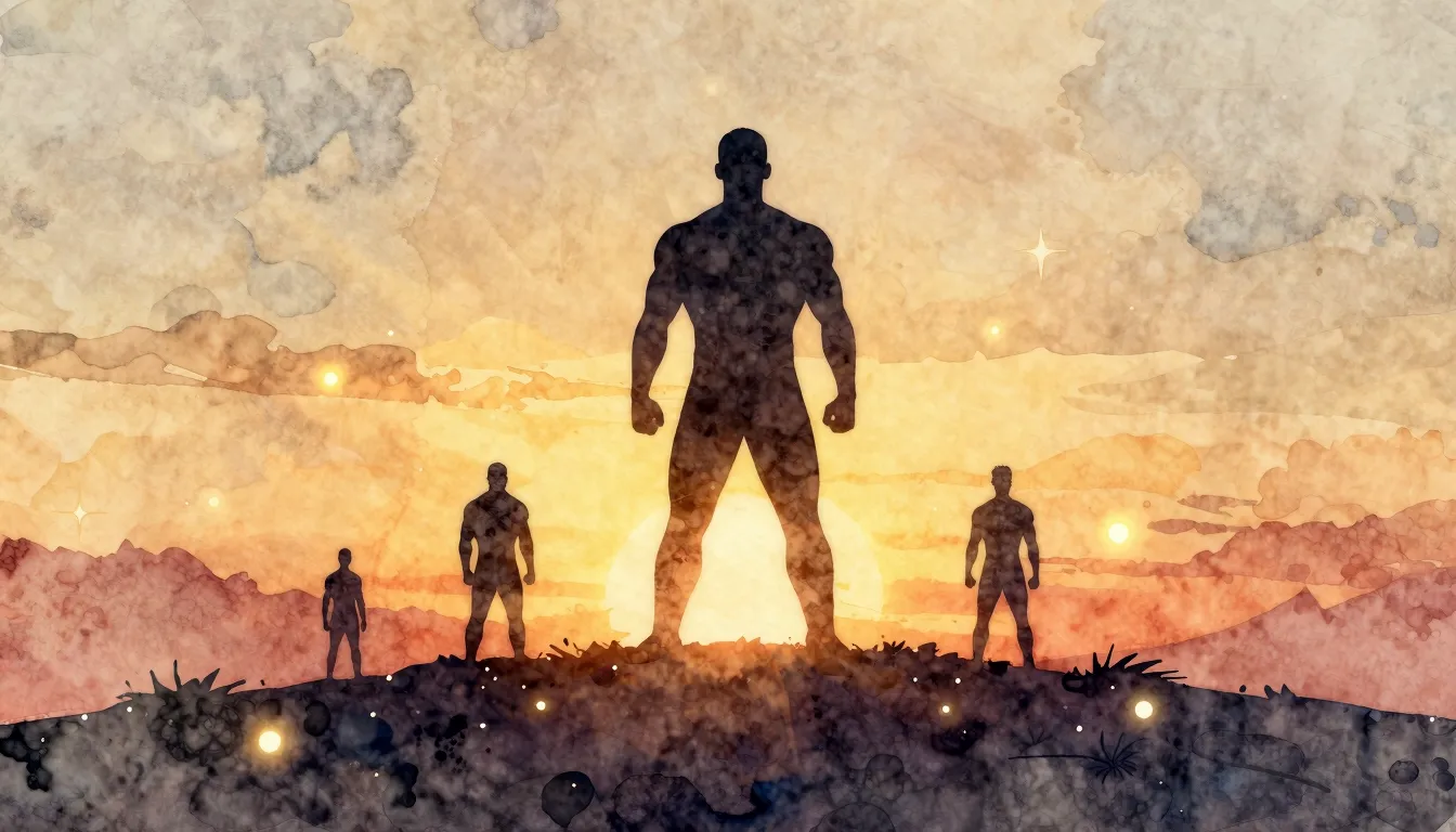 Watercolor style. A silhouette of a strong man standing on a...