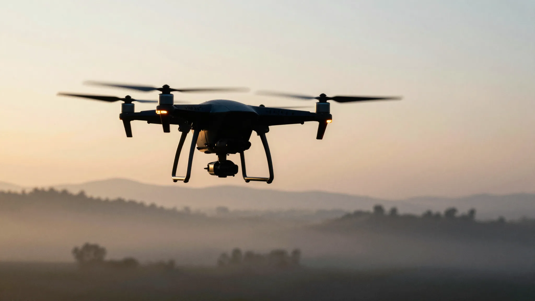 Watercolor style. Silhouette of a small quadcopter hovering ...