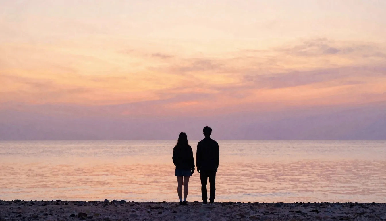 Watercolor style. Silhouette of two people standing on a cal...