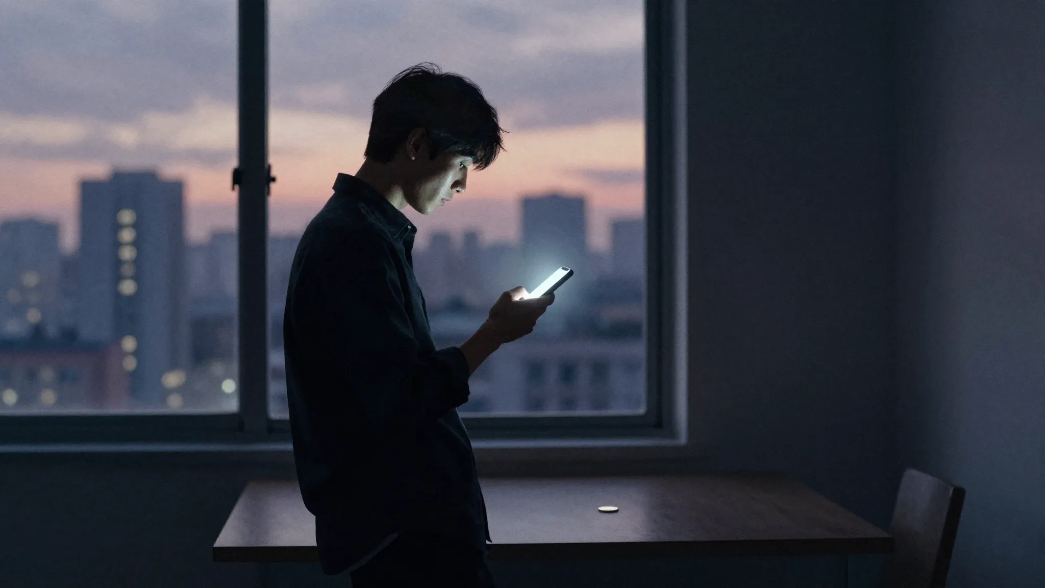 Watercolor style. A silhouette of a man stands in a dimly li...