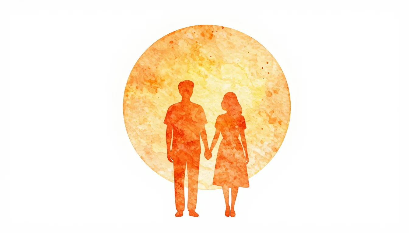 Watercolor style. Minimalist silhouette of two figures stand...