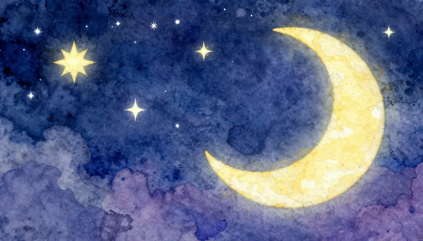 Vibrant watercolor style. Dreamy night sky with stars and a ...