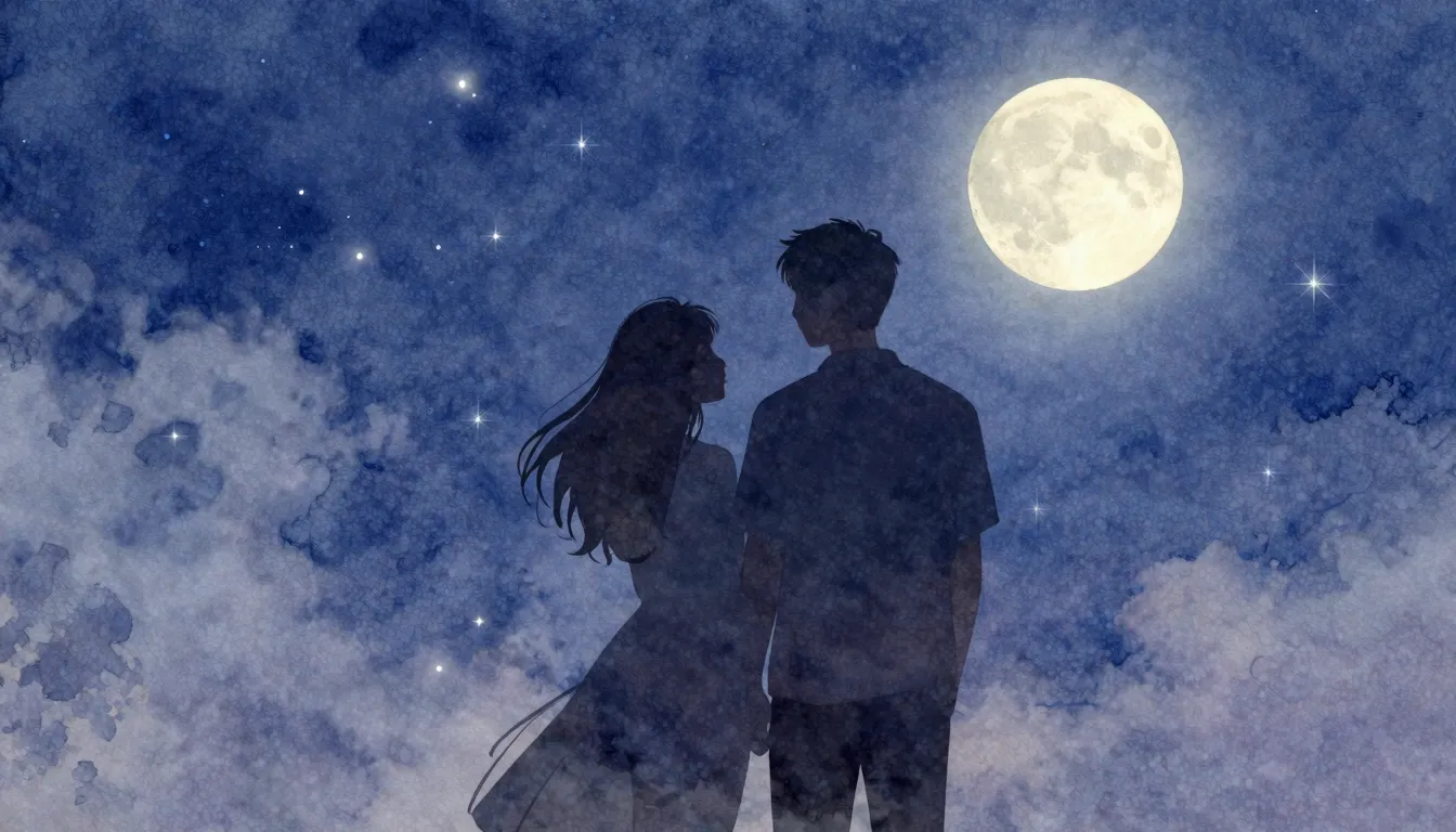 Watercolor style. Silhouette of a couple standing close, loo...