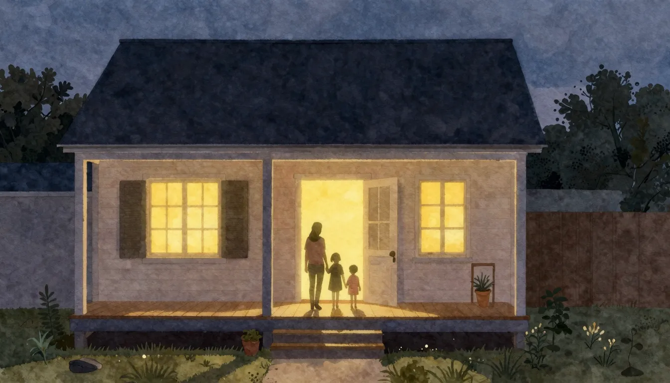 Watercolor style. A cozy house with a glowing yellow window ...