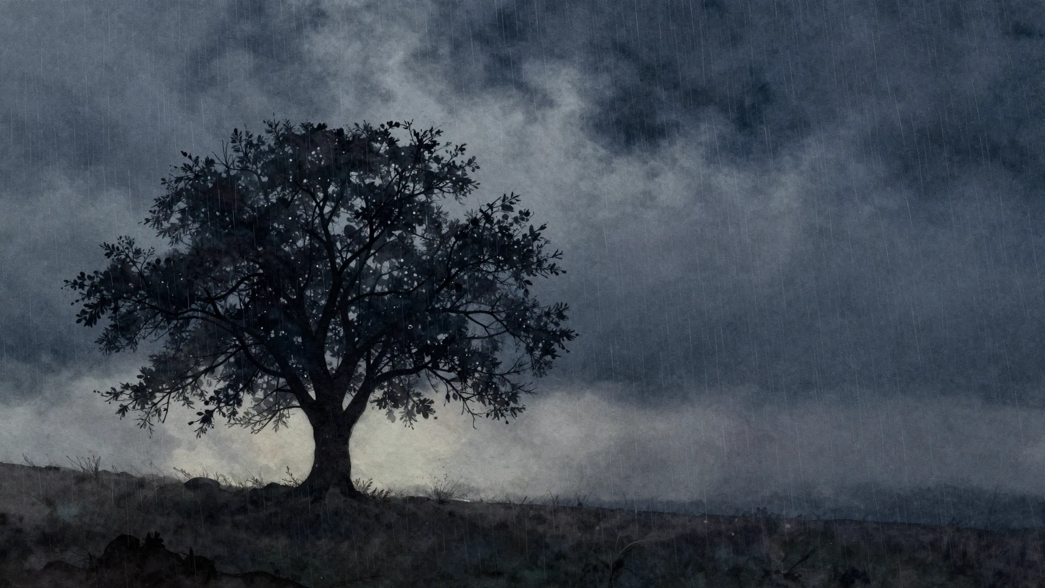 Watercolor style. A dark silhouette of a lonely tree under a...