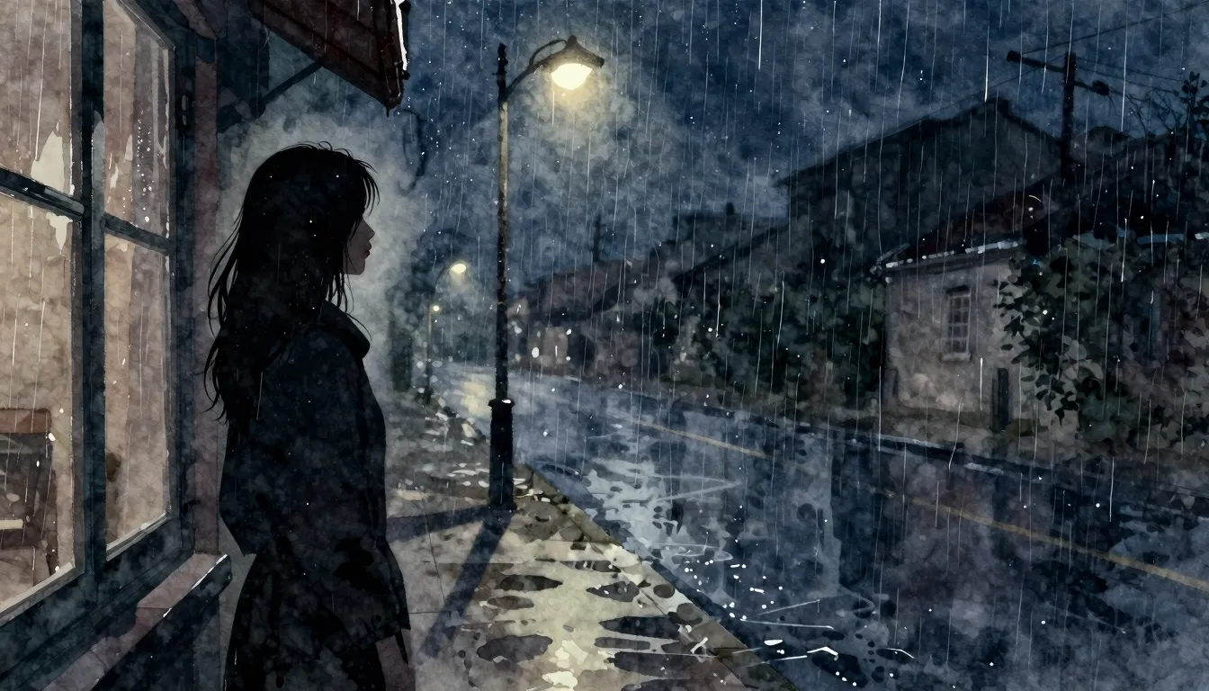 Watercolor style. A silhouette of a woman looking out a rain...