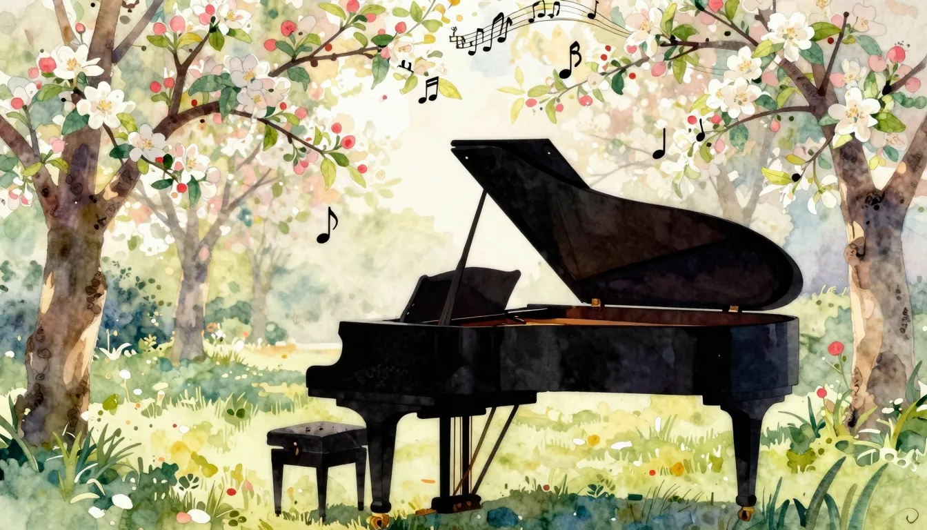 Watercolor style. A silhouette of a grand piano in a garden ...
