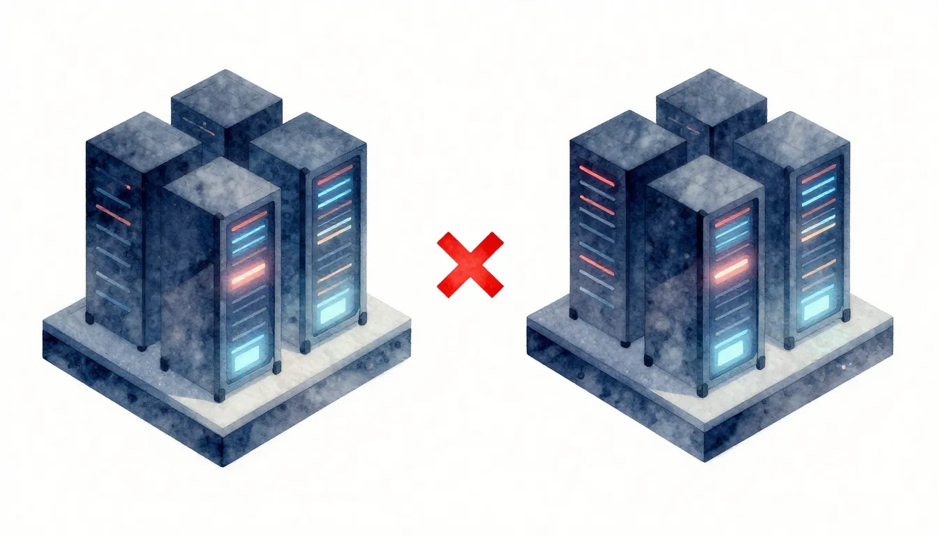 Watercolor style. Stylized data center buildings on separate...