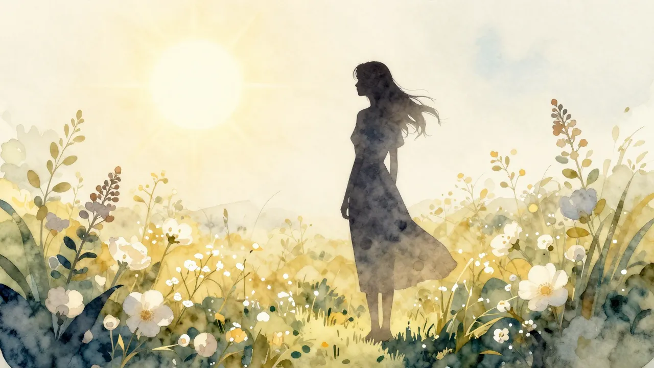 Watercolor style. A silhouette of a woman standing in a bloo...