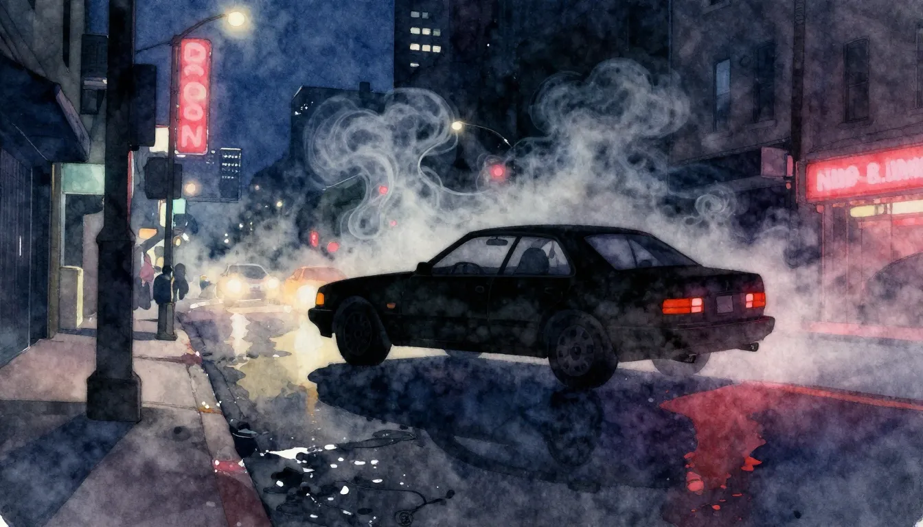Watercolor style. Night city street, silhouette of a car in ...